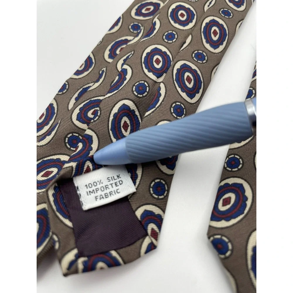 Salvatori Mens Silk Tie Taupe Blue Burgundy Geometric Medallion Pattern Classic